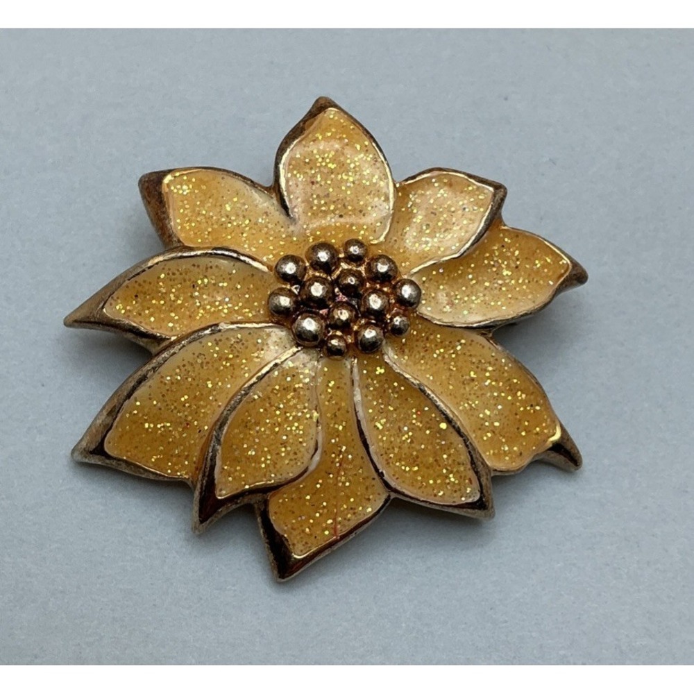 Vintage Avon Yellow Glitter Poinsettia Flower Pin Brooch Pendant Gold Tone 1987